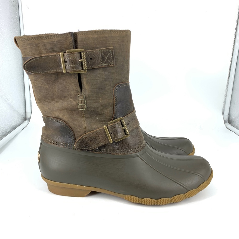 Sperry Saltwater Women 11 Duck Boots Brown Rubber Toe Waterproof Mid Calf Shoes